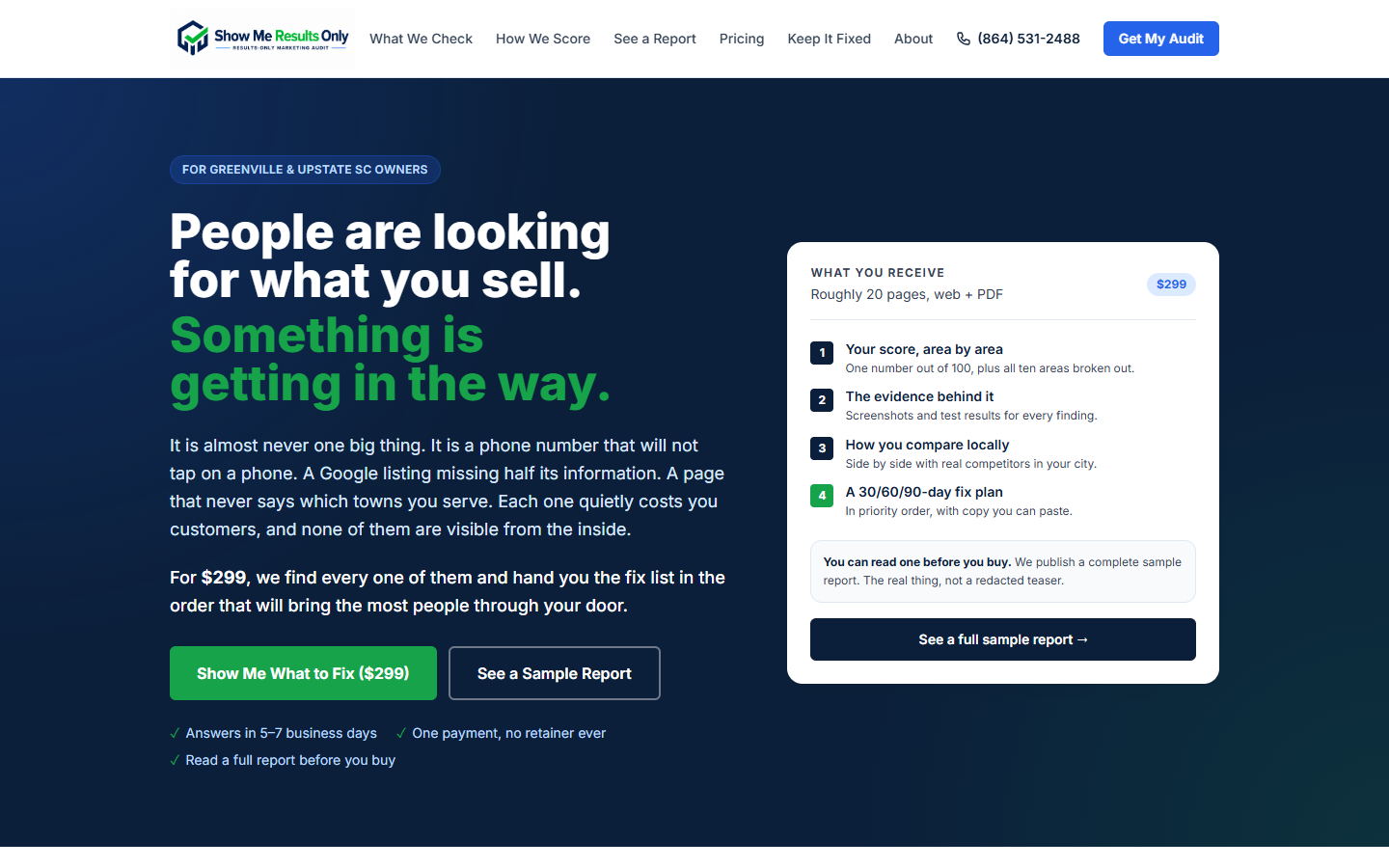 Homepage as it stands. The problem statement leads, the deliverable sits in the right-hand card, and the sample report is one click away.